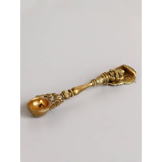 eCraftIndia Gold-Toned Ethnic Carved Brass Long Stick Diya with 1 Wick for Pooja Room | Swadesiicart