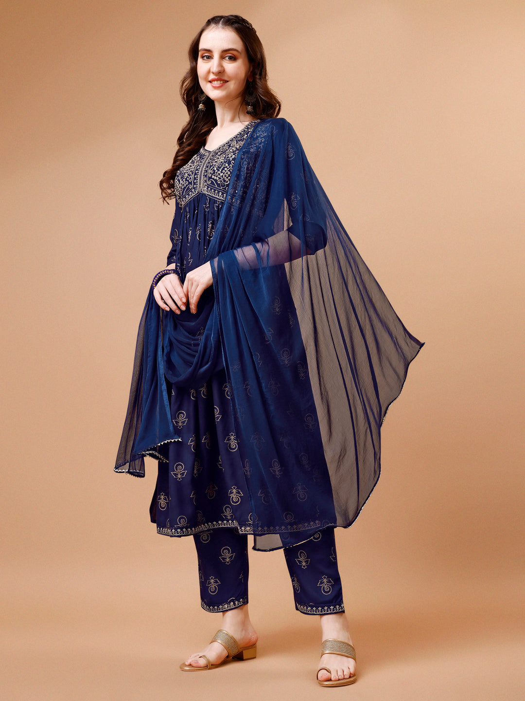 Alia Cut Embroidered & Printed Kurta With Pant & Dupatta, Multicolor - Hiral Fashion