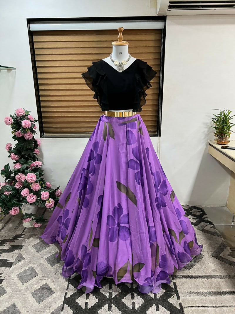 Dishitha Creation Floral Printed Stitched Lehenga & Crop Top - Black & Pink | Swadesiicart