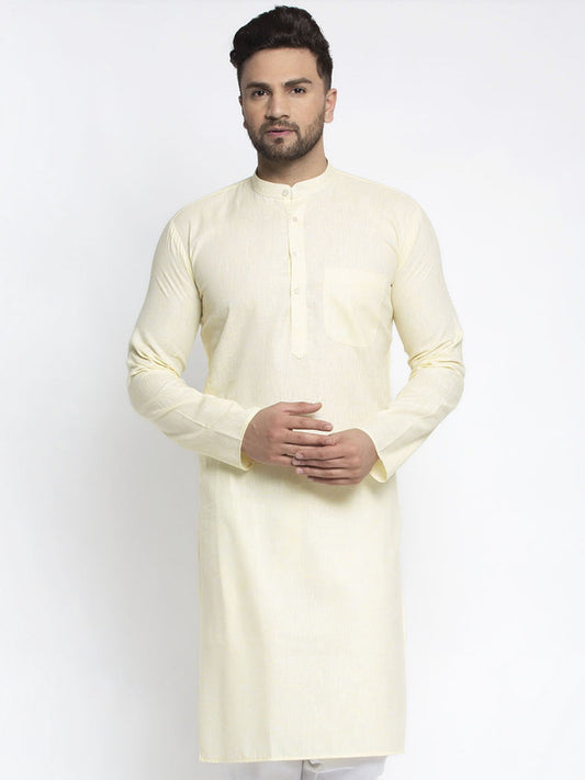 Jompers Men Lemon Yellow & White Self Design Kurta Only | Swadesiicart