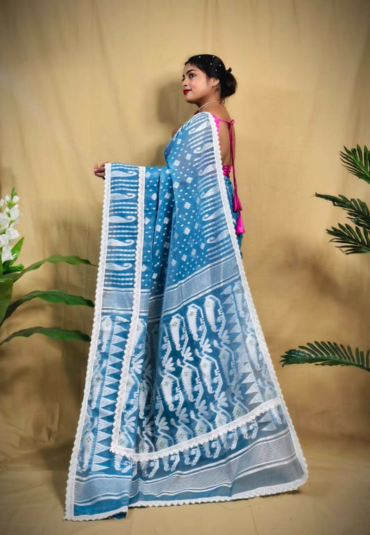 Exclusive Collection Beautiful Light Blue Jaal Jamdani Saree - Swadesiicart