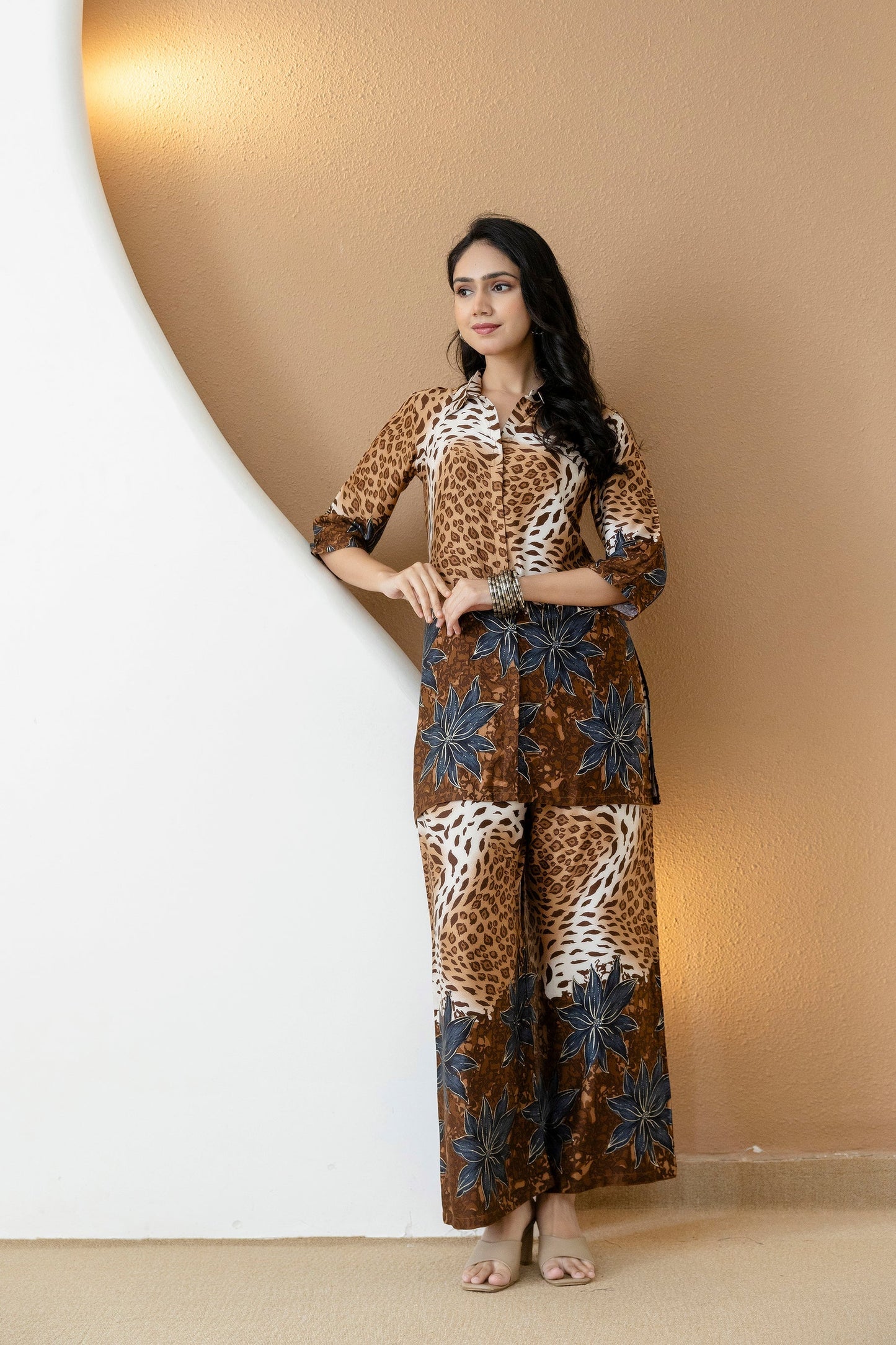Animal & Floral Motifs Printed Ethnic Co-Ord Set, Brown - Hiral Fashion