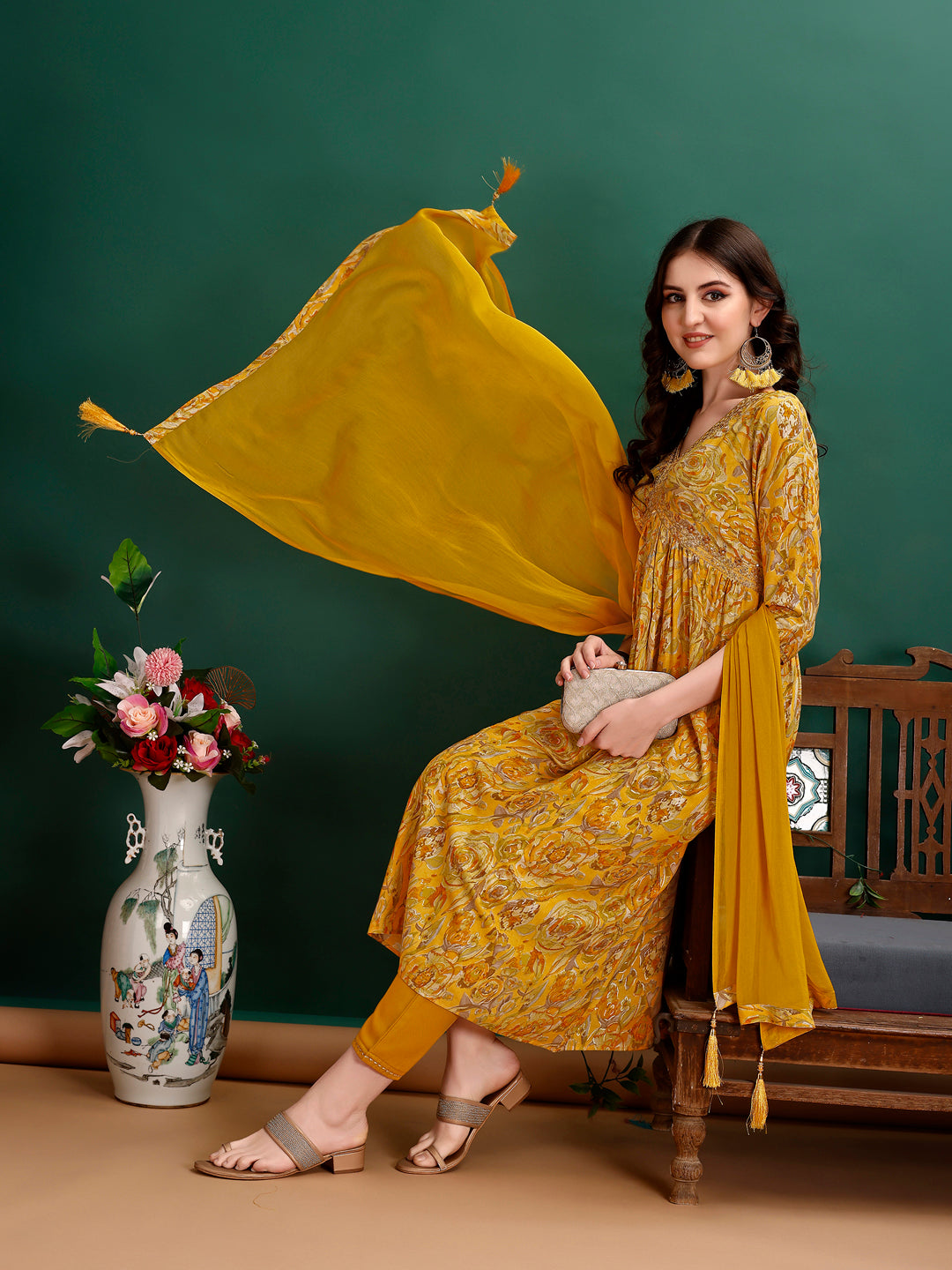 Alia Cut Floral Printed & Embroidered Kurta With Pant & Dupatta Set Luxury Premium, Multicolor - Hiral Fashion