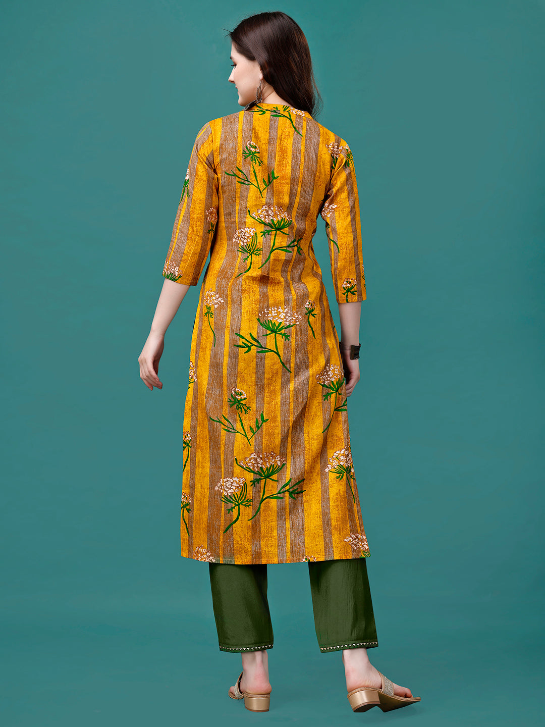 Botanical & Stripes Printed Front Buttoned Cotton Kurta, Multicolor - Hiral Fashion