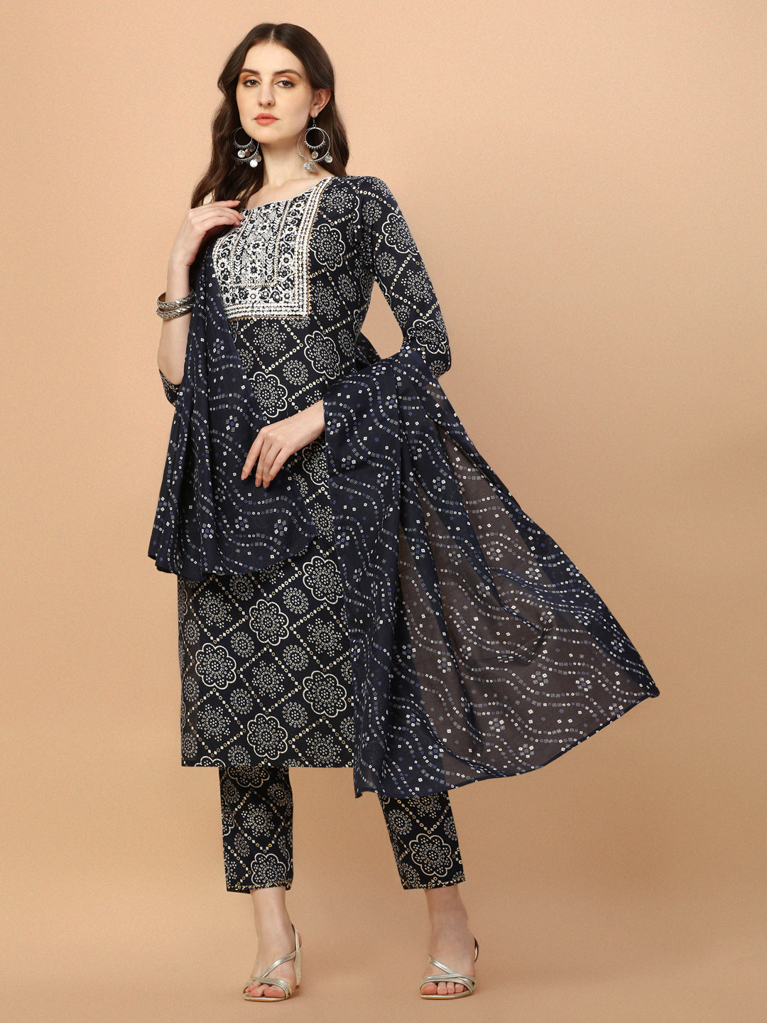 Bandhani Printed & Embroidered Kurta With Pant And Dupatta Set, Multicolor - Hiral Fashion