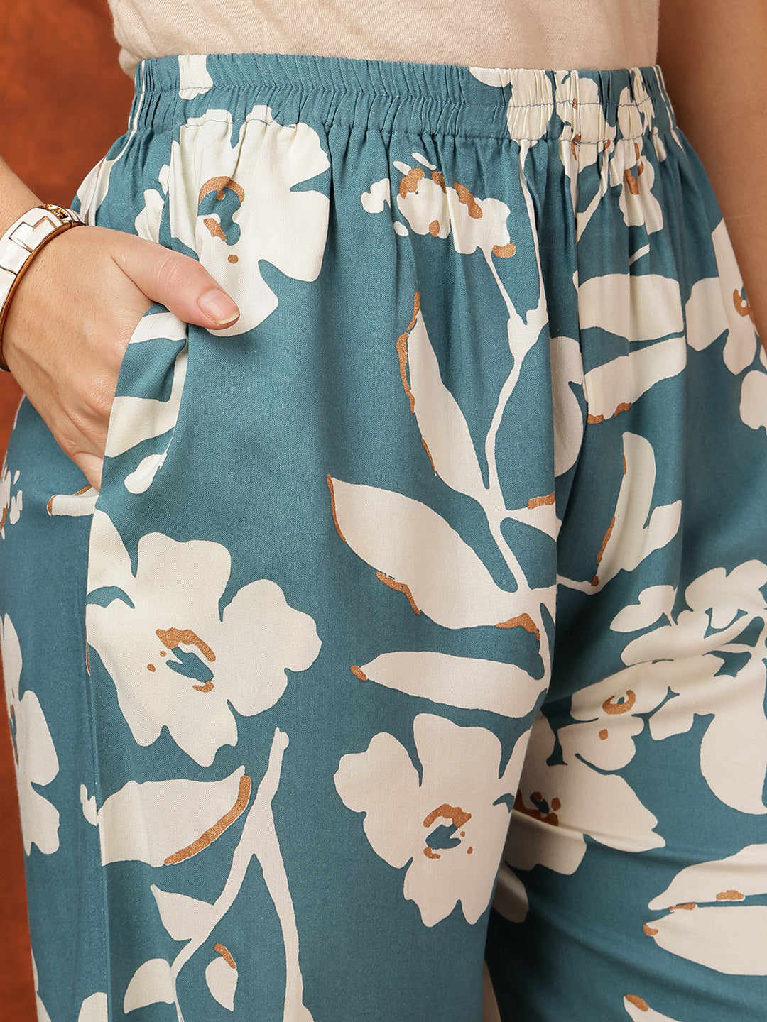 Botanical Printed Kurta With Palazzo Pant, Turquoise - Hiral Fashion