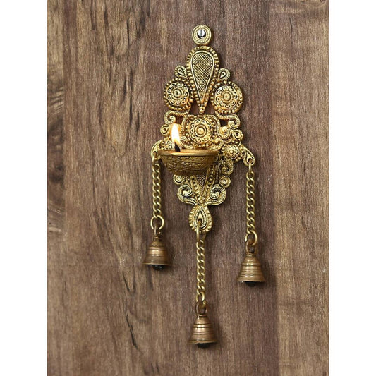 eCraftIndia Gold-Toned Handcrafted Antique Finish Diya with Bells Decorative Wall Hanging Showpiece | Swadesiicart