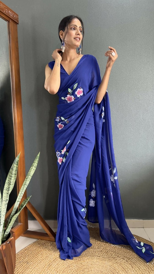 Aayaa Designer 1 min Hand Painted Ready to Wear saree - Navy Blue | Swadesiicart