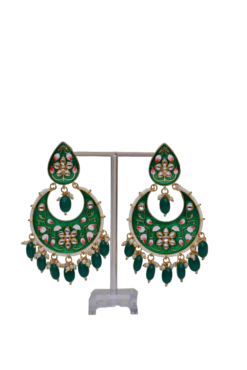 Gold-Polished Brass & Pearl Dangle Women Green Hand Painted Meenakari Chandbali Earrings By House of Ree - Swadesiicart