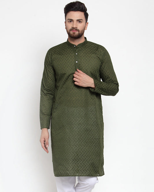 Jompers Men Olive Green Chikan Kurta Only | Swadesiicart