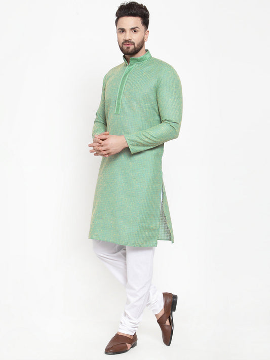 Jompers Men Sea Green & White Embroidered Kurta Only | Swadesiicart