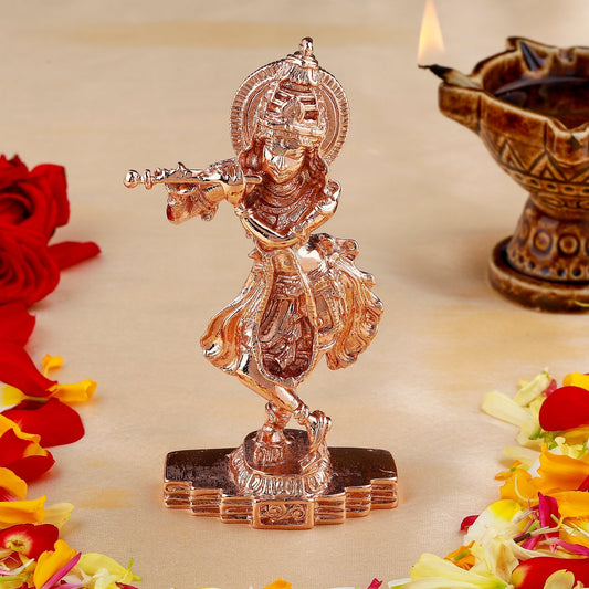 Estele Pink/RoseGold-Polished Playing Flute Shri Krishna Idol/Deity|Showpiece for Pooja Mandir/Car décor - Swadesiicart
