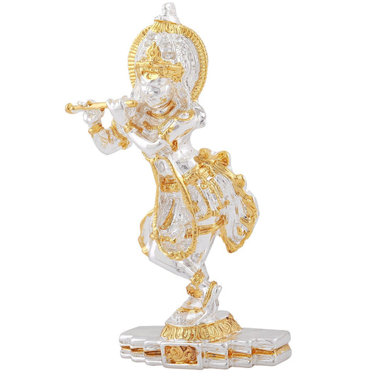 Estele Gold-Polished Playing flute Sri Krishna Idol for Home/Car decor - Swadesiicart