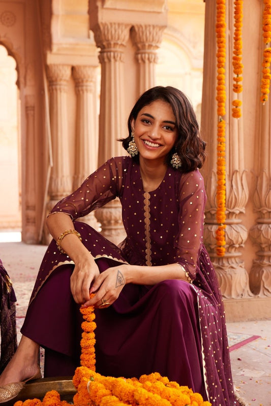 Ahalyaa Women Burgundy Polka Dots Fit & Flare Maxi Ethnic Dress | Swadesiicart