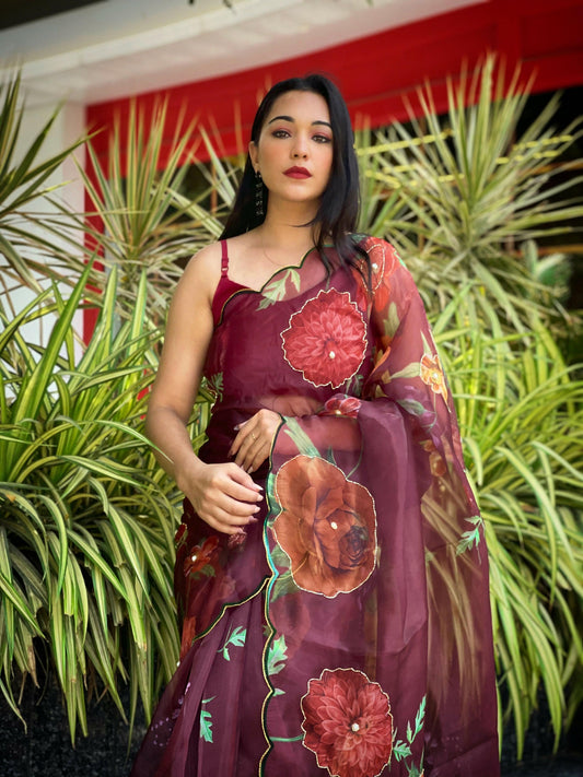 Vamsee Brijbala Maroon Organza Saree - Swadesiicart