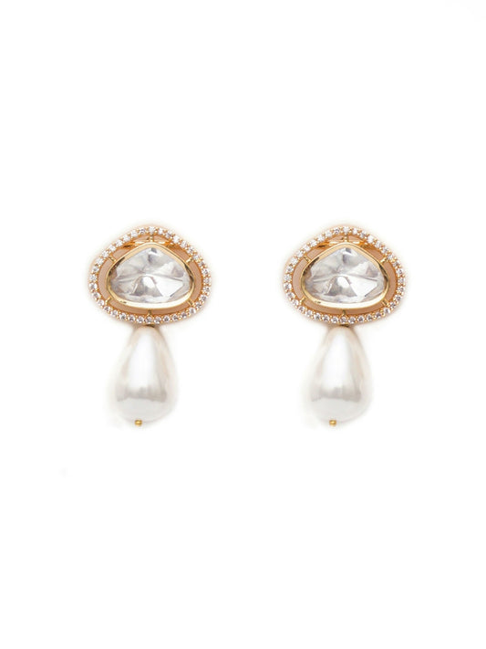 Kundan Studs with Pearl Drop (Gold) - Ruby Raang - Swadesiicart
