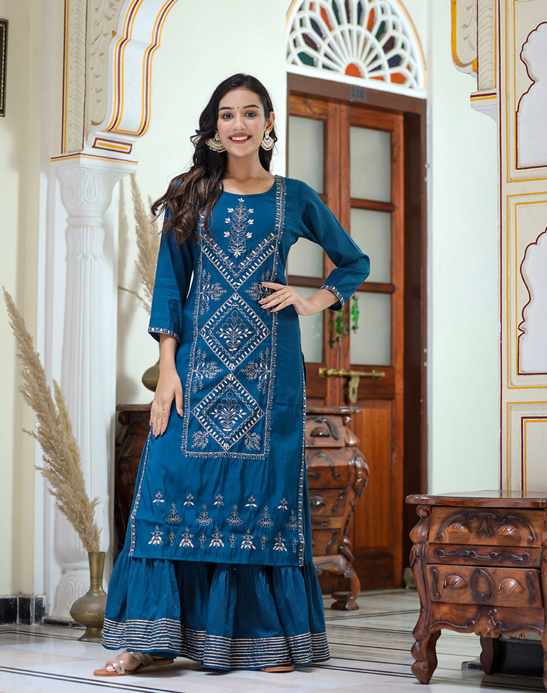 Kaajh Women's Navy Blue Embroidered Silk Kurta Sharara Set With Kota Doria Dupatta | Swadesiicart