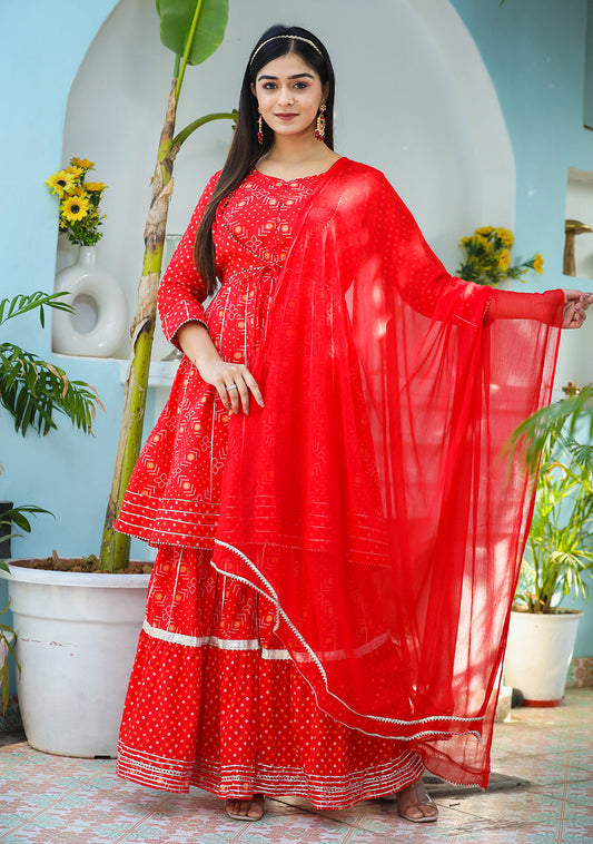 Kaajh Woman's Red Bandhej Cotton Paplum Kurta Sharara With Dupatta | Swadesiicart