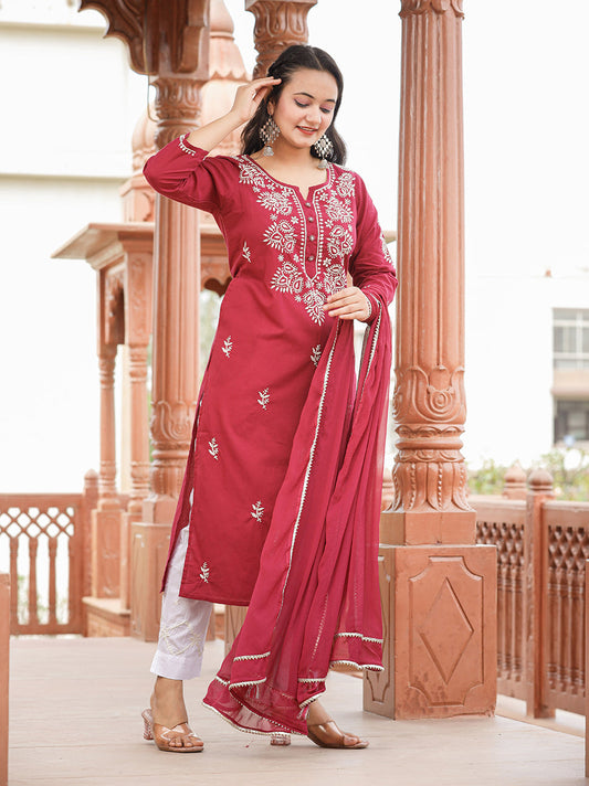 Kaajh Women's Wine Red Lucknow Chikankari Cotton Kurta Set With Dupatta | Swadesiicart