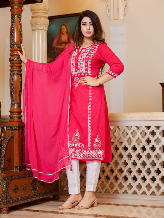 Kaajh Women's Pink Hand Embroidered Lucknow Chikankari Kurta Set With Dupatta | Swadesiicart