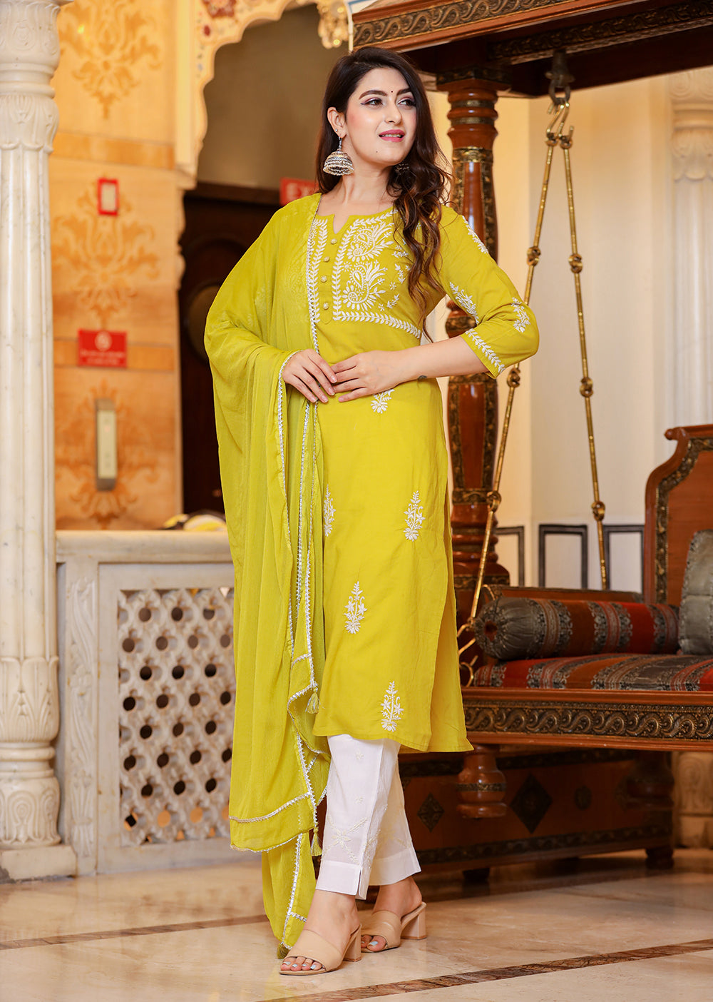 Kaajh Women's Mustard Lucknow Chikankari Kurta Pant Set With Dupatta | Swadesiicart