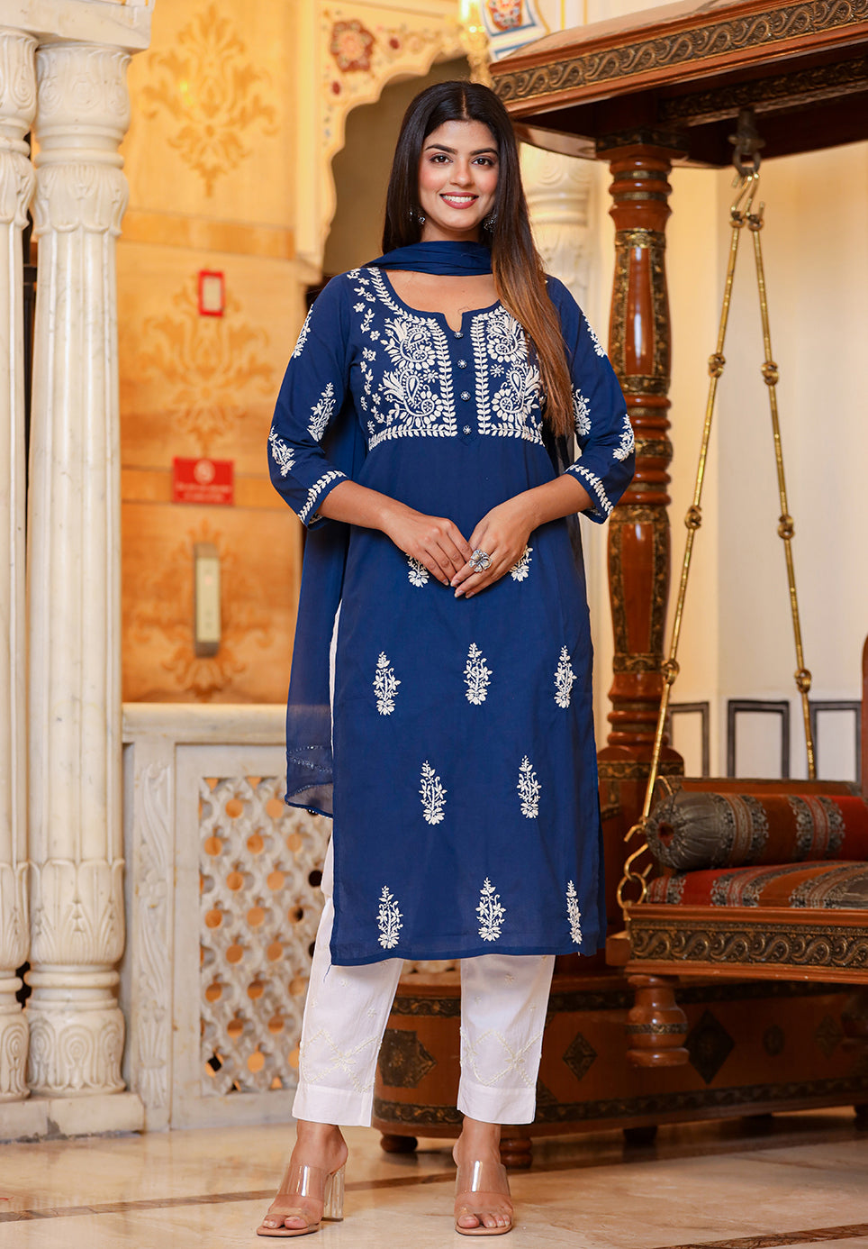 Kaajh Women's Navy Blue Lucknow Chikankari Kurta Pant Set With Dupatta | Swadesiicart