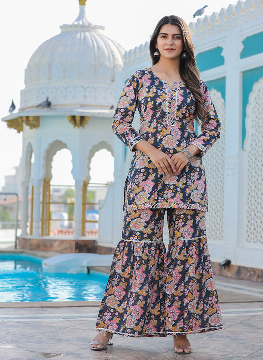 Kaajh Women's Grey Floral Printed Kurta With Sharara | Swadesiicart