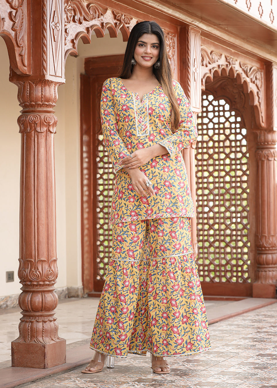 Kaajh Women's Yellow Floral Printed Kurta With Sharara | Swadesiicart