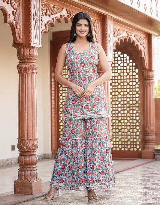 Kaajh Women's Sky Blue Floral Printed Kurta With Sharara | Swadesiicart