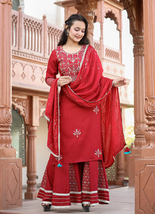 Kaajh Women's Red Rayon Embroidered Kurta Sharara Set With Dupatta | Swadesiicart