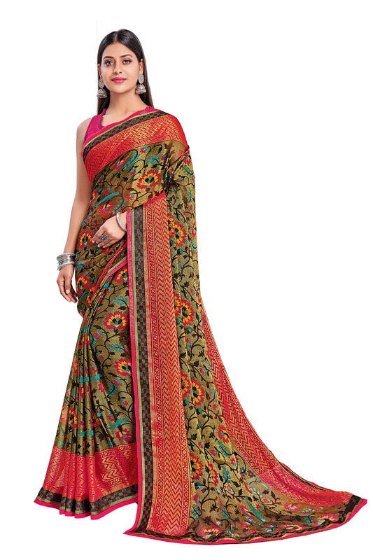 Vamika Golden Yellow Designer Chiffon Brasso Saree With Exclusive Banarasi Lace | Swadesiicart