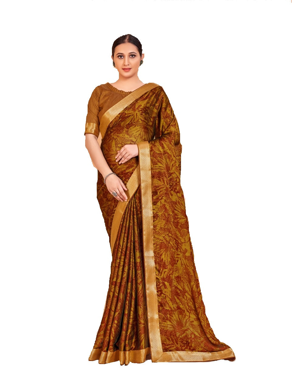 Vamika Mustard Designer Cadbury Chiffon Banarasi Lace Saree | Swadesiicart