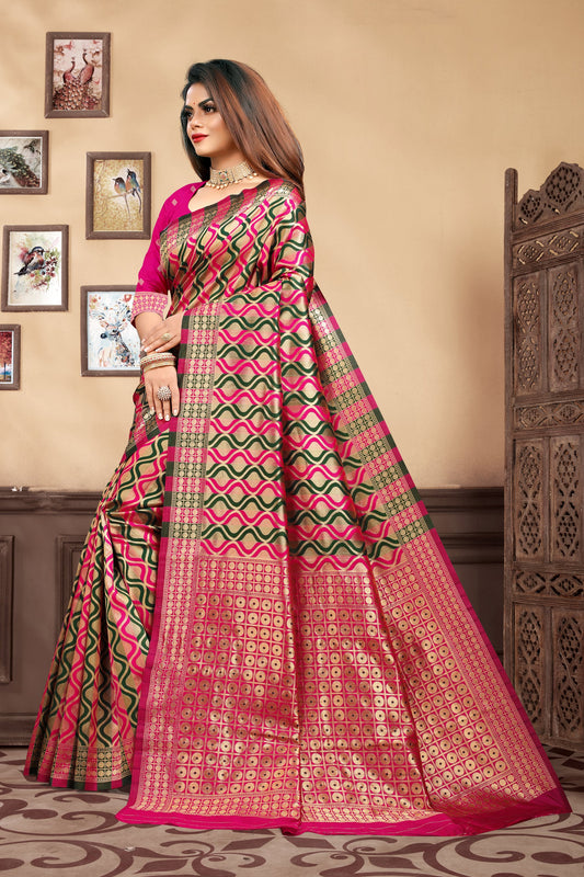 Vedant Vastram Litchi Silk Designer Banarasi Saree - Magenta | Swadesiicart