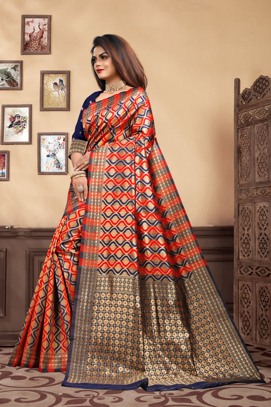 Vedant Vastram Litchi Silk Designer Banarasi Saree - Navy Blue | Swadesiicart