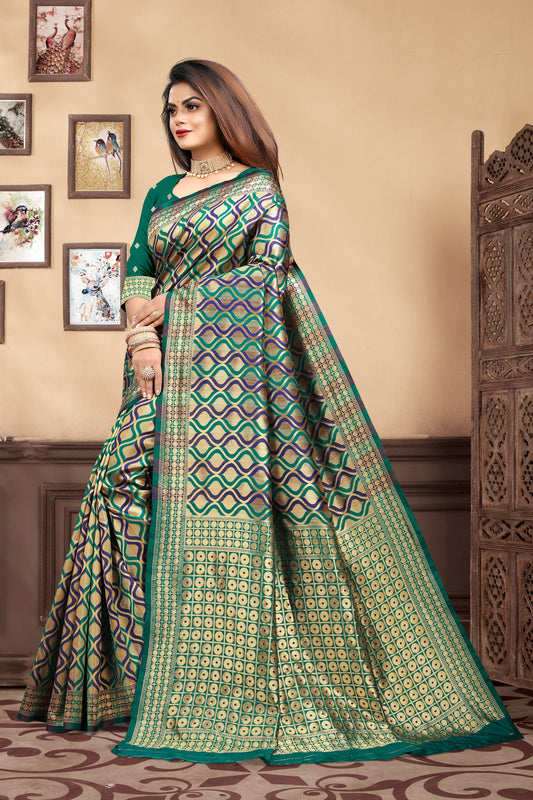 Vedant Vastram Litchi Silk Designer Banarasi Saree - Rama | Swadesiicart