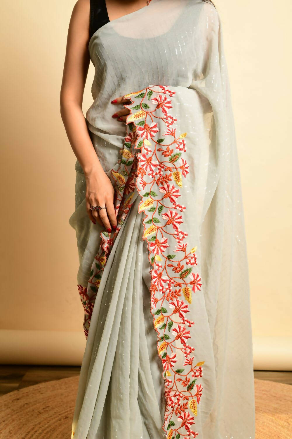 Vamsee Grey Georgette Designer Saree - Swadesiicart