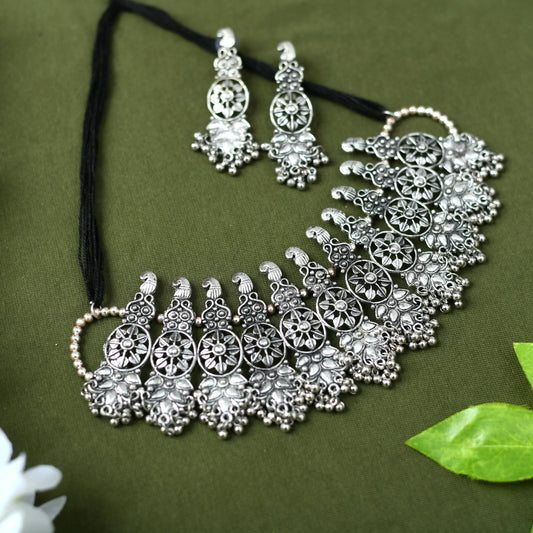 Mominos Fashion Johar Kamal Oxidised Silver-Plated Brass Finish Temple Jewellery with Earrings For Women - Mominos Fashion