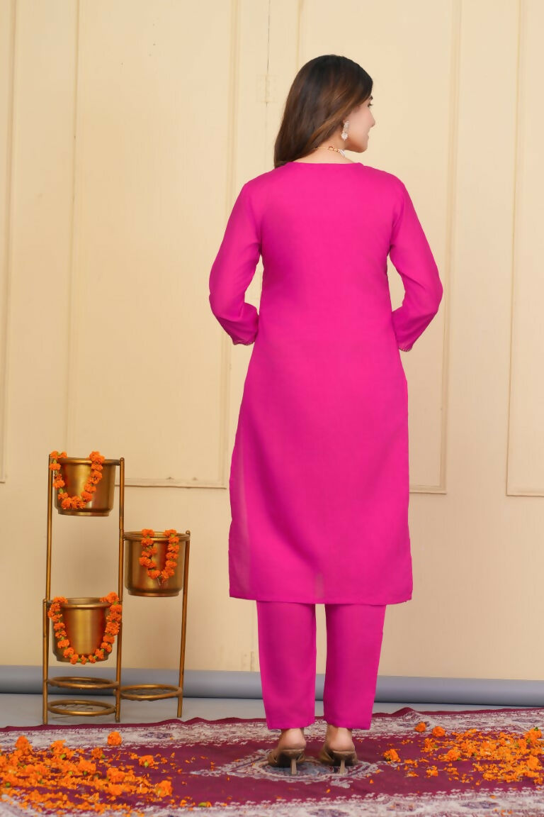 Pink Viscose Chanderi Embroidered Stitched Suit With Dupatta - Tanisha | Swadesiicart