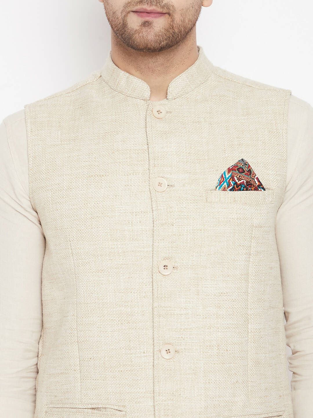 Even Apparels Beige Linen Men Woven Nehru Jacket | Swadesiicart