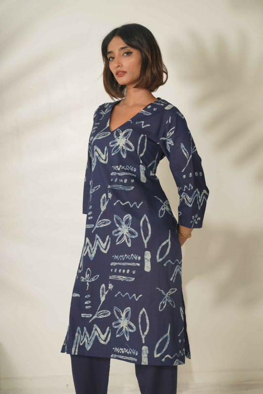 Miravan Women's Abstract Printed Cotton Blue Co-Ord Set - Swadesiicart