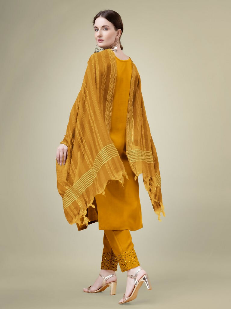 Jyoti Fashion Women's Mustard Cotton Blend Embroidery & Sequence work Kurta with Trouser & Dupatta | Swadesiicart