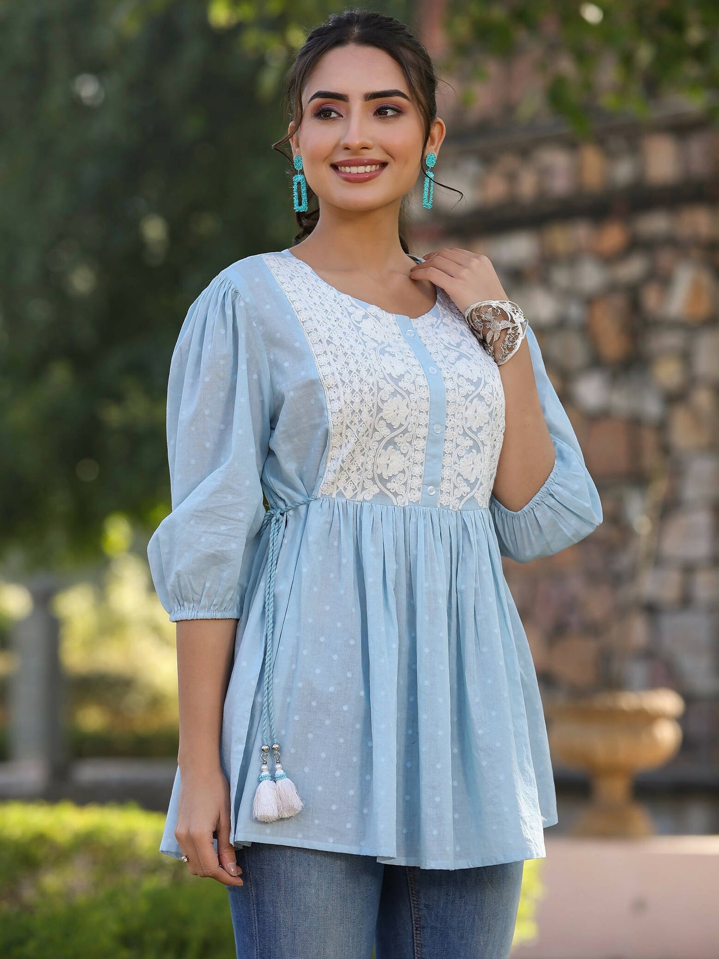 Juniper Women's Blue Cotton Dobby Solid With Embroidered Straight Tunic | Swadesiicart