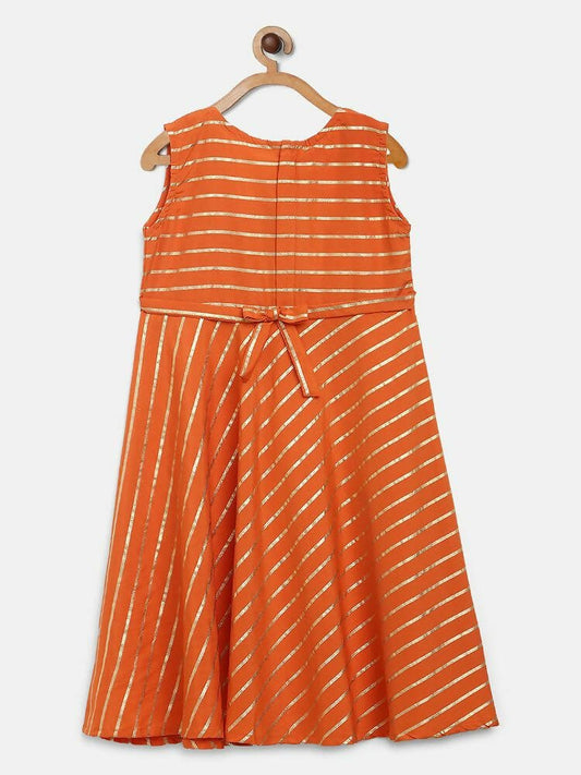 Ahalyaa Orange Crepe Gold Stripped Printed Kids Dress With Jacket For Girls