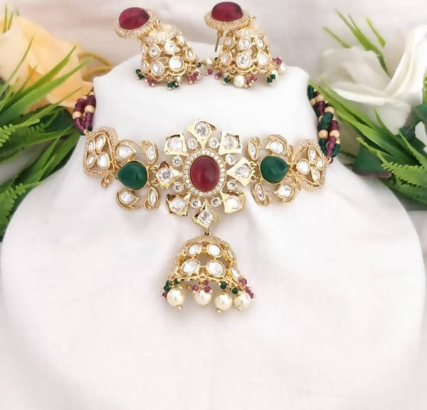 Khavi Arts Designer Pearl Choker-Green and Red | Swadesiicart