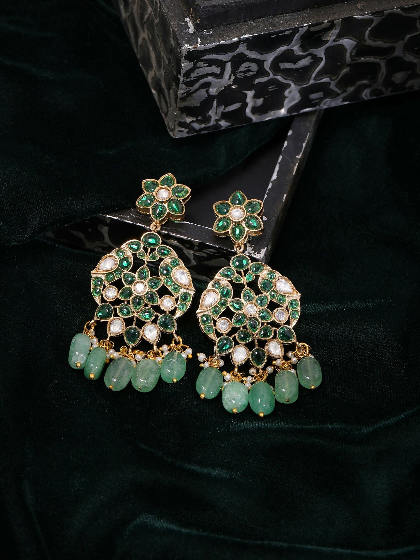 Ruby Raang Gold Polished Green Kundan Earrings | Swadesiicart