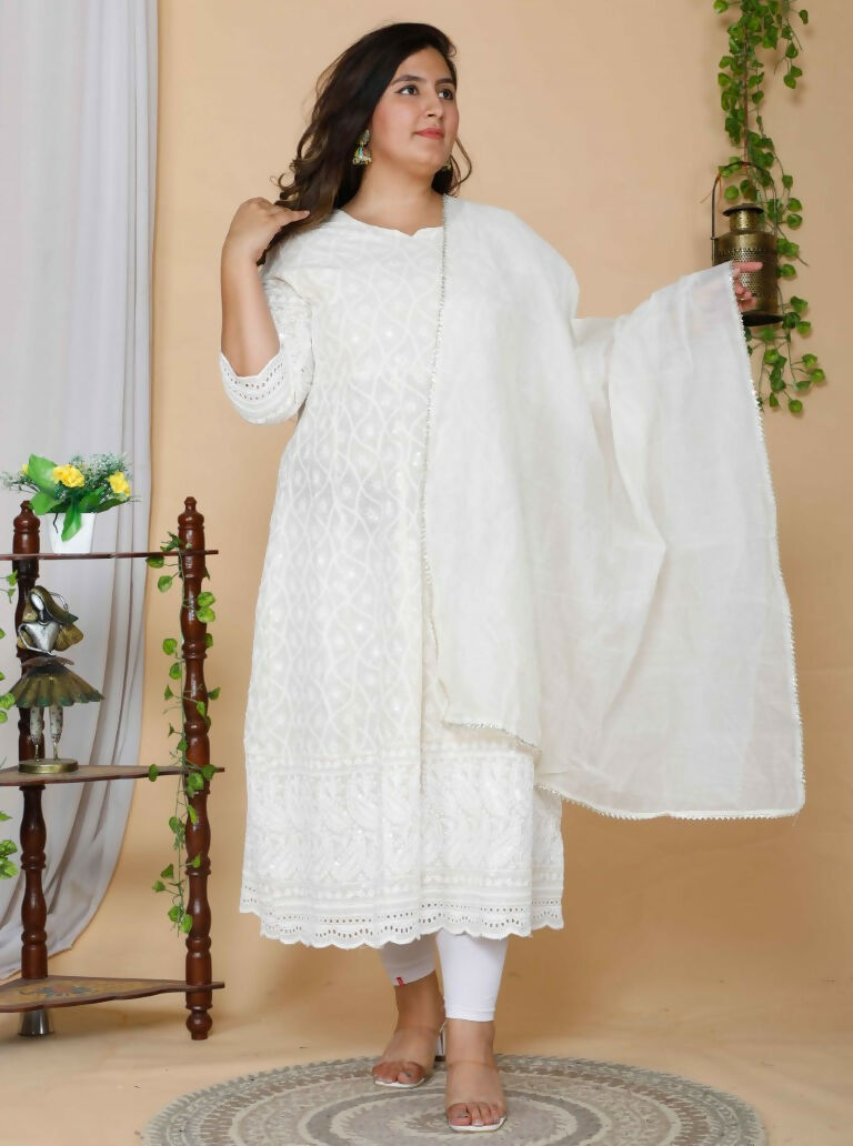 Miravan Women's Plus Size Beige Chikankari Thread Work Anarkali Kurta With Dupatta | Swadesiicart