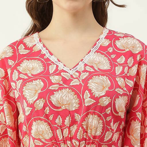 FIORRA Women's Printed Pure Cotton Kaftan Kurta - Red - Swadesiicart