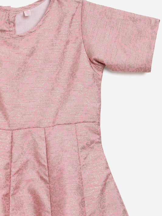 Ahalyaa Pink Poly Silk Gold Print Girl's Kids Dress For Girls