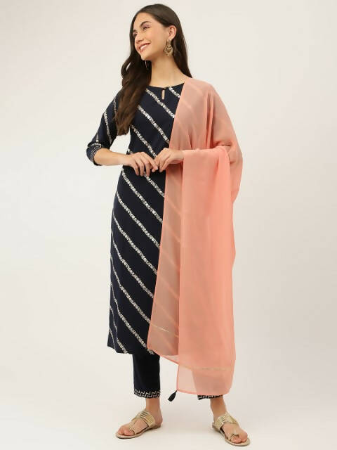 FIORRA Women's Navy Blue Poly Crepe Straight Kurta Pant With Dupatta - Swadesiicart