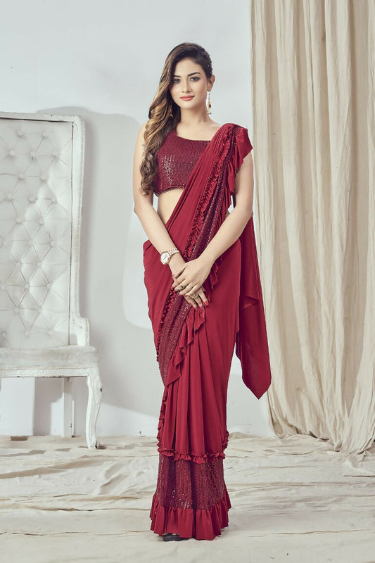 Mahotsav Women's Red Lycra Embellished Ready To Wear Saree With Stitched Blouse | Swadesiicart